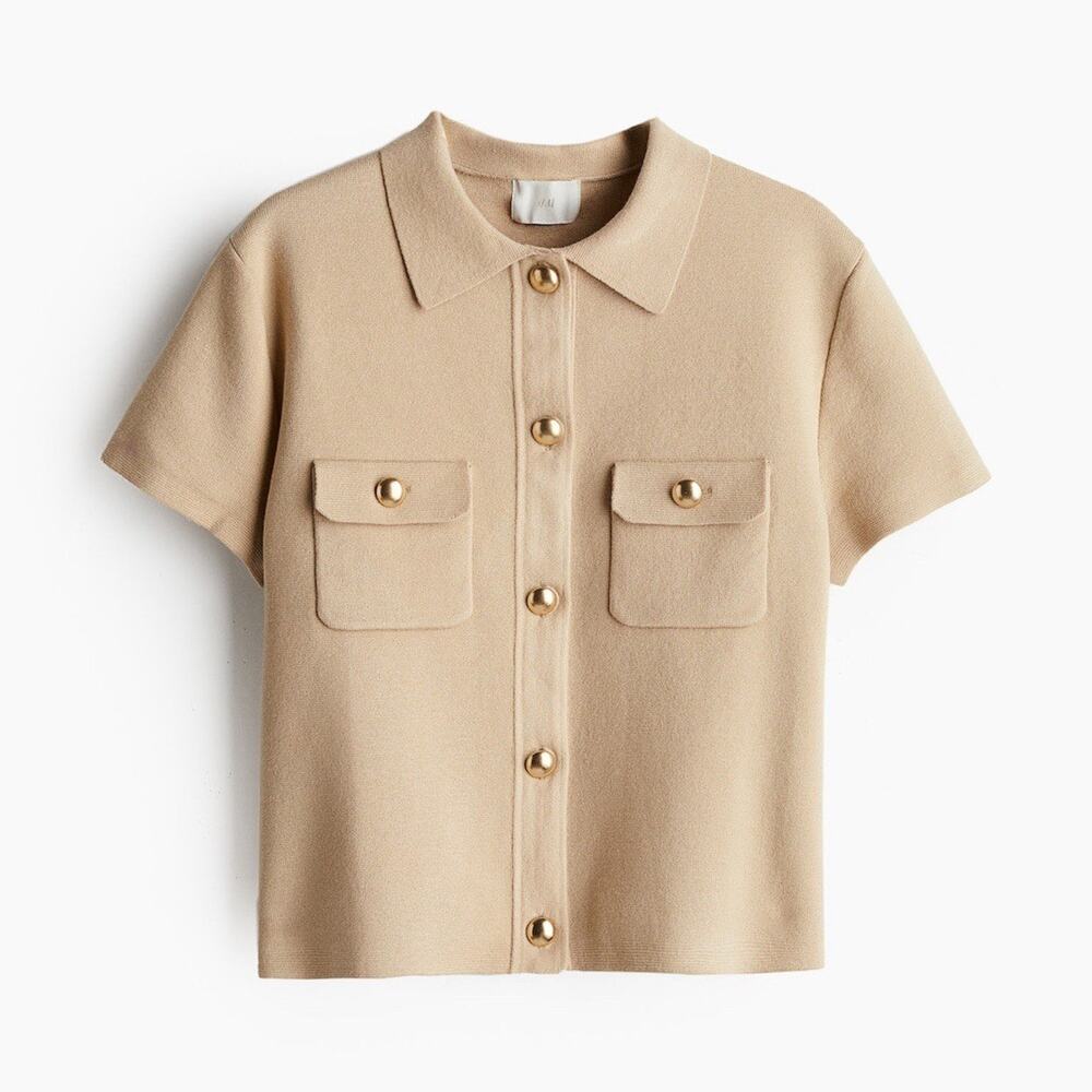 H&M Women’s XL Beige Knit Collared Shirt Gold Buttons Short Sleeve Cardigan